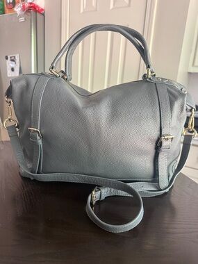 Ora Delphine Pebbled 100% Leather Structured Satchel Bag in Gray or Slate Blue
